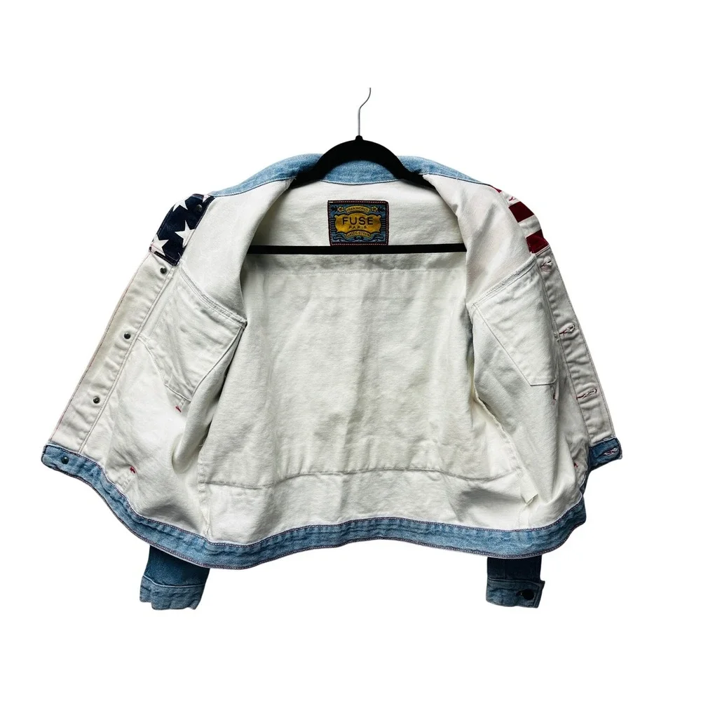 Fuse Paris M Denim Bomber Jacket USA Flag‎ Stars Stripes Trucker Moto VTG Unisex